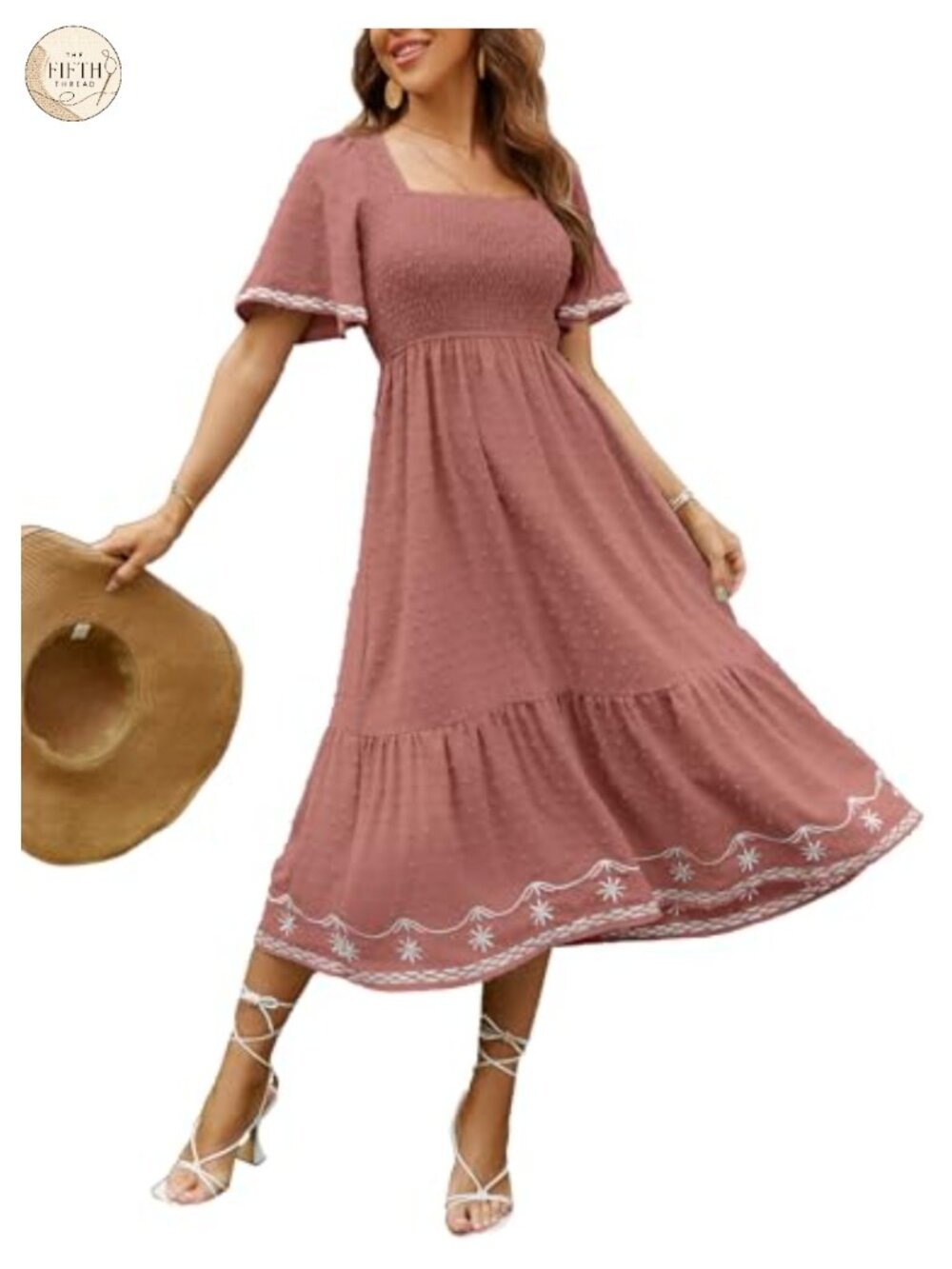 Women's Smocked Square Neck Short Sleeve A-Line Flowy Maxi Dress